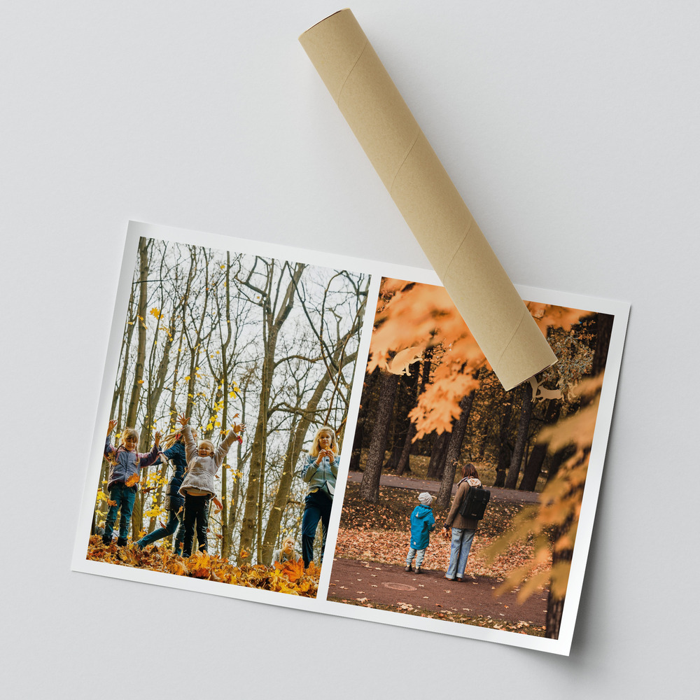 Collage als Poster mit zwei Familienfotos im Herbstwald, weissem Rand und beigem Klebestreifen auf hellem Grund