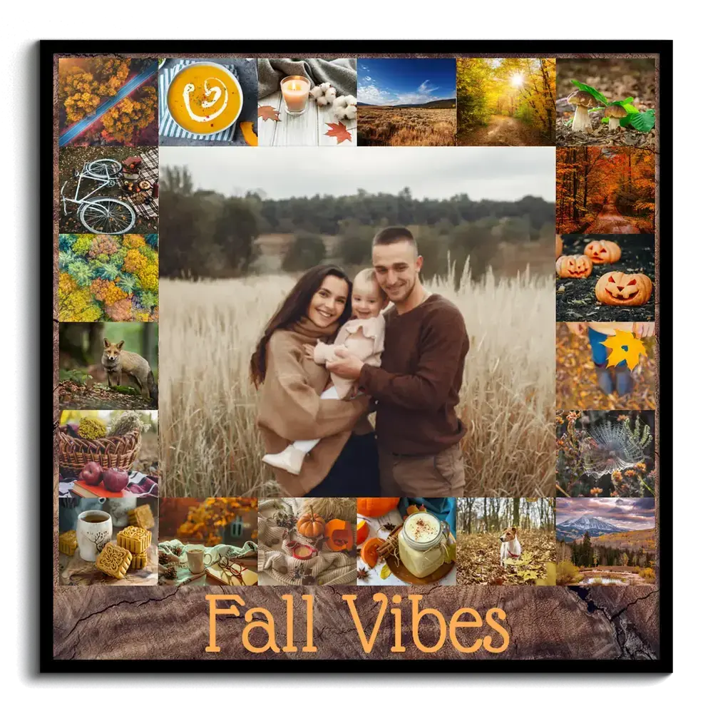 Herbstfotocollage im schwarzen Rahmen mit grossem Familienfoto, kleinen Herbstmotiven und Text auf Holzoptik
