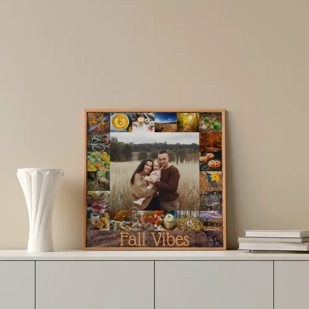 Gerahmte Herbstfotocollage mit Familienfoto und Schriftzug auf weissem Sideboard als persönliches Familiengeschenk