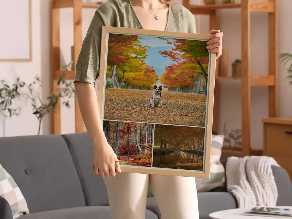 Herbstfotocollage mit Hund und zwei Waldfotos im Holzrahmen im Wohnzimmer, ein Geschenk für Hundebesitzer