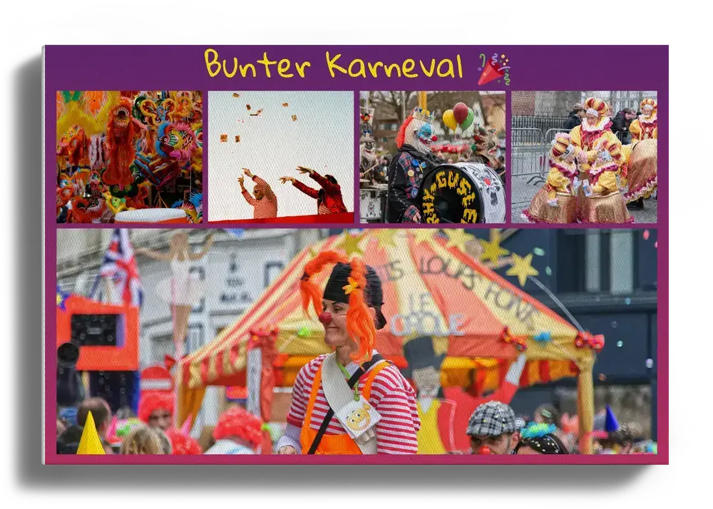 Karneval-Fotocollage auf Leinwand mit grossem Umzugsfoto, vier kleinen Fotos und individueller Überschrift auf Lila