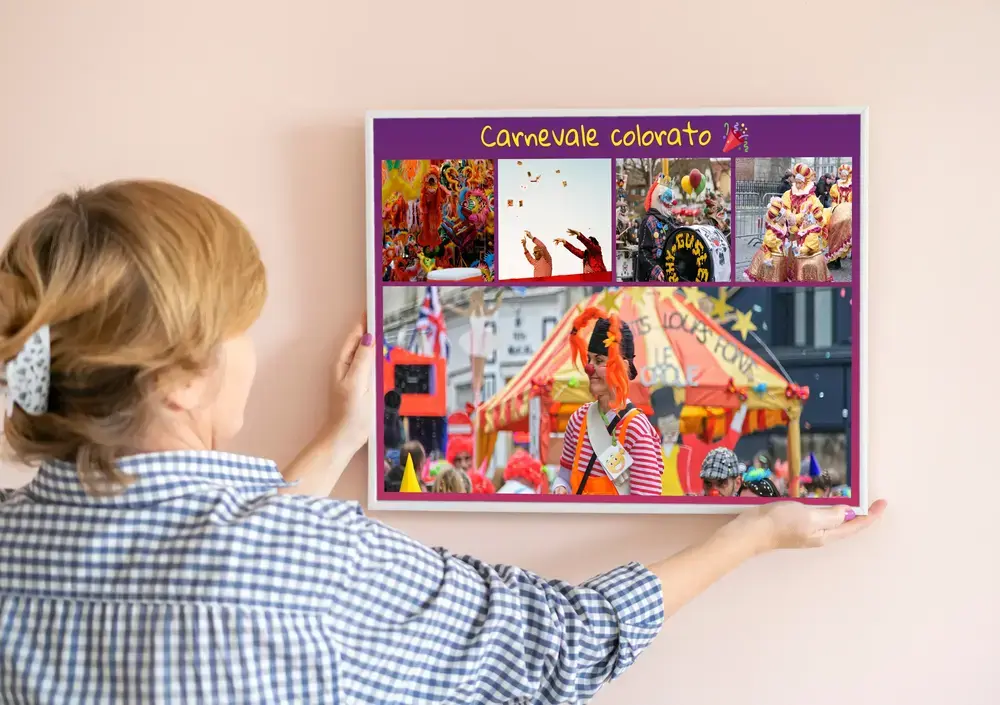 Collage di foto di Carnevale con sfilate e titolo personalizzato su fondo viola, esposto su una parete chiara