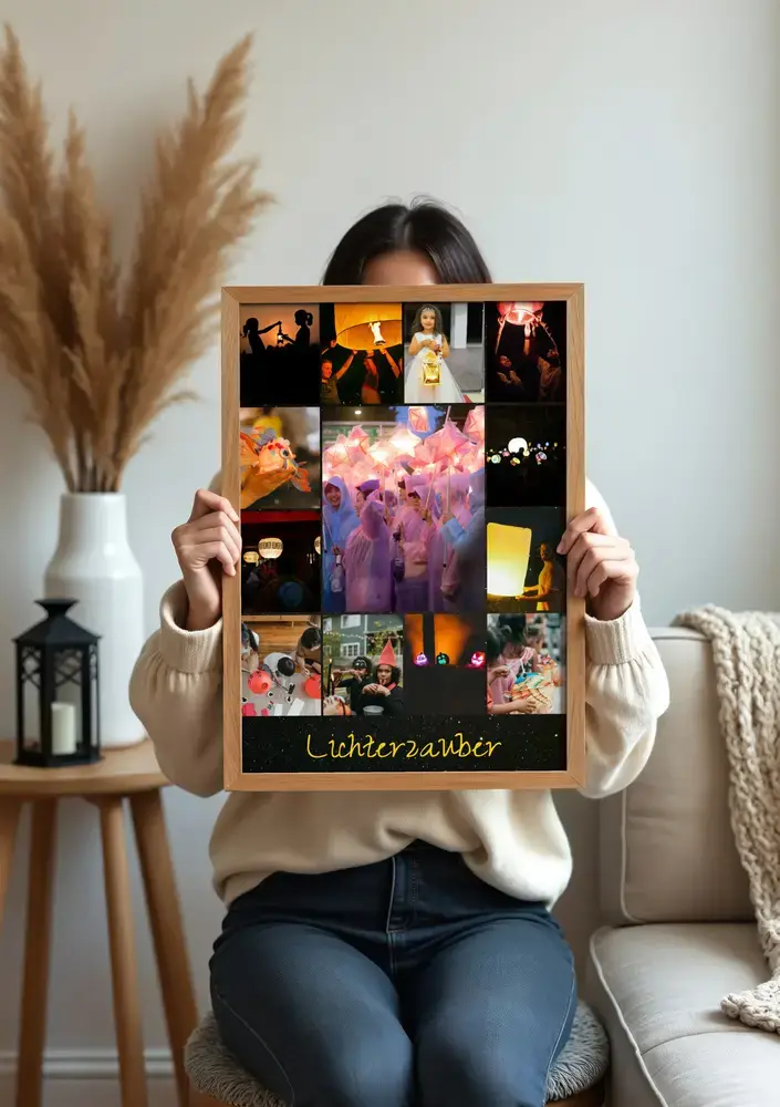 Laternen-Fotocollage mit Wunschtext im Naturholzrahmen im Wohnzimmer, eine persönliche Geschenkidee für Oma und Opa