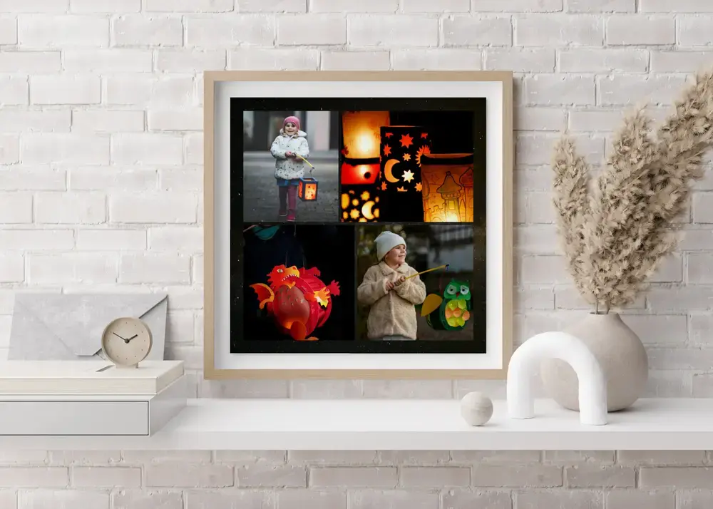 Gerahmte Laternen-Fotocollage über weissem Sideboard, mit vier Motiven als persönliches Geschenk für Grosseltern