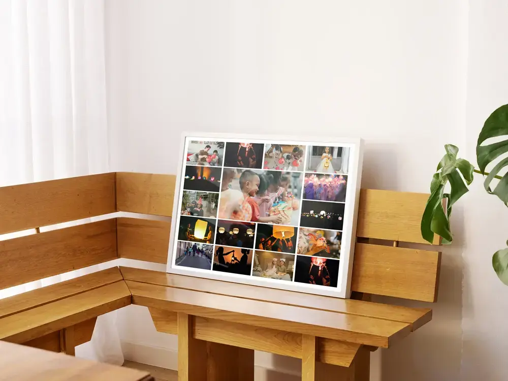 Laternenumzug-Fotocollage mit grossem Mittelfoto im weissen Rahmen auf einer Holzbank, als Geschenk für die Familie