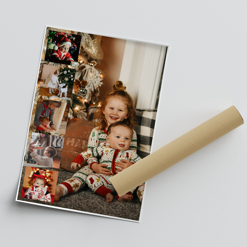 Poster collage da regalare a Natale, con grande foto di bambini e striscia di foto laterale, accanto a un tubo