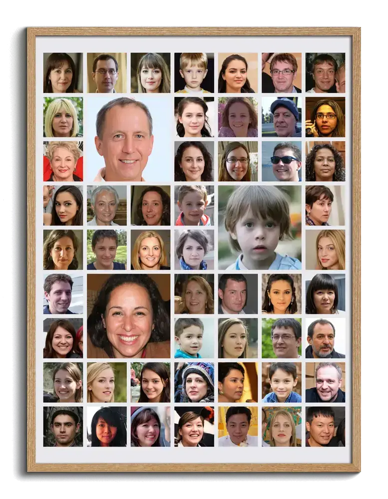 Fotocollage im Naturholzrahmen mit quadratischen und vergrösserten Porträts als persönliches Geschenk fürs Team
