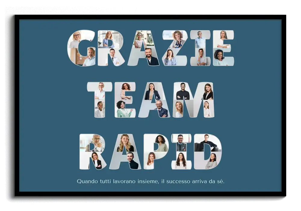 Collage fotografico per ringraziare il team, con lettere composte da ritratti su fondo petrolio e cornice nera