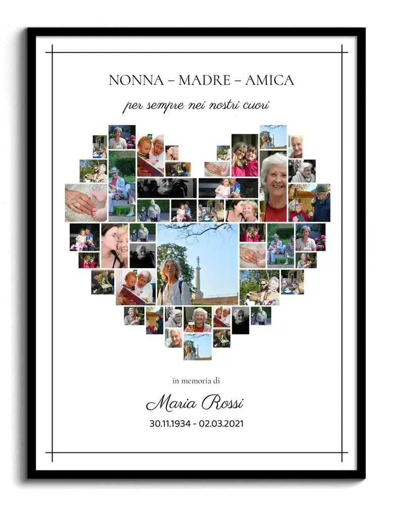 Collage fotografico commemorativo a forma di cuore, con nome e date personalizzati su fondo bianco, in cornice nera