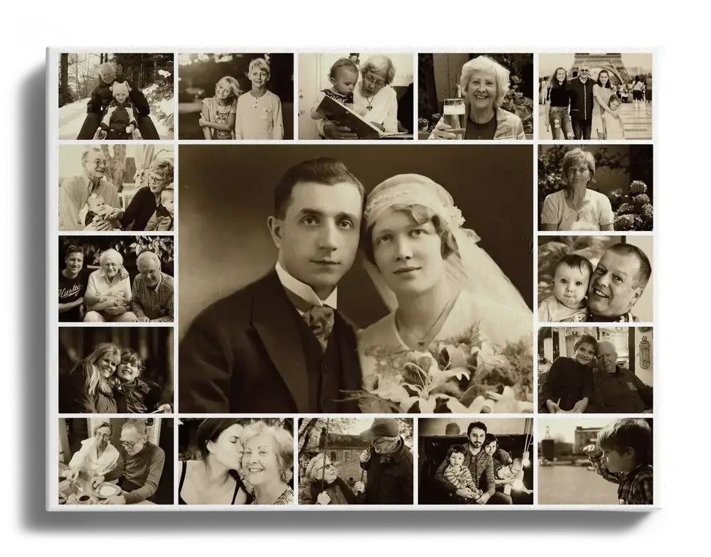 Collage photo commémoratif sur toile en sépia, avec un grand portrait de mariage entouré de petites photos