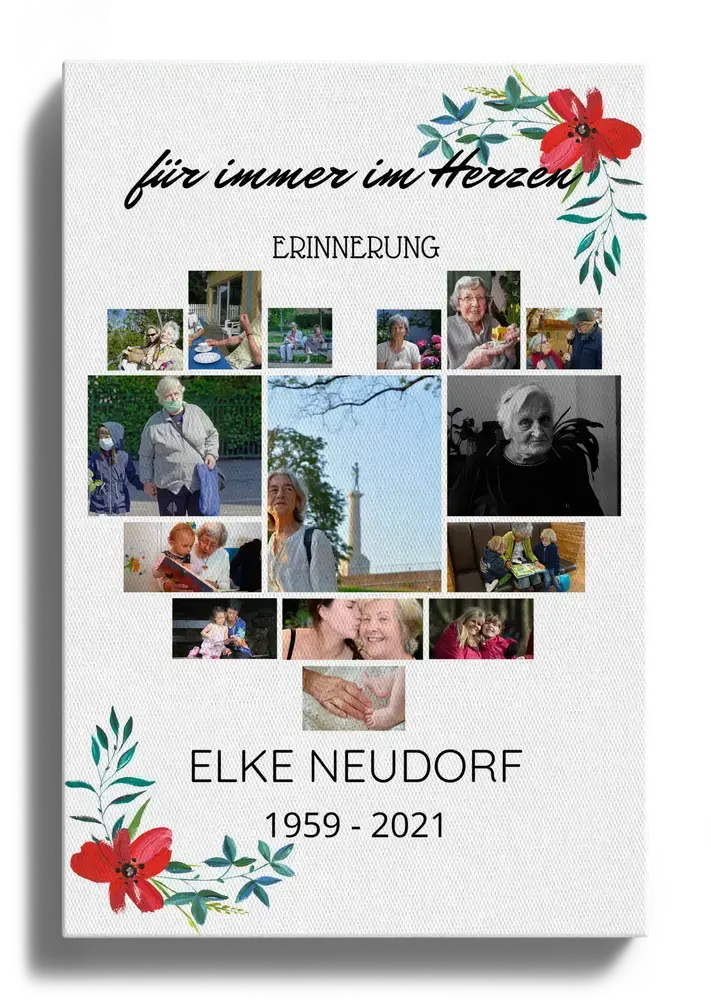 Trauercollage auf Leinwand mit Fotos in Herzform, roten Blumen sowie personalisiertem Namen und Lebensdaten