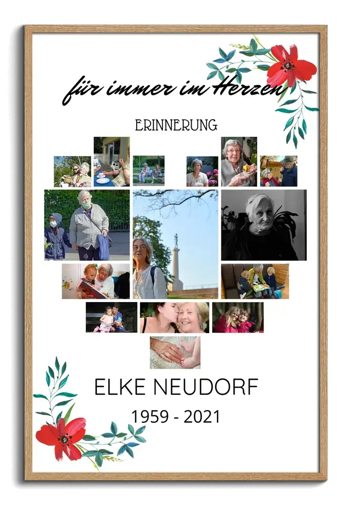 Trauercollage im Naturholzrahmen mit Fotos in Herzform, roten Aquarellblumen sowie Namen und Lebensdaten
