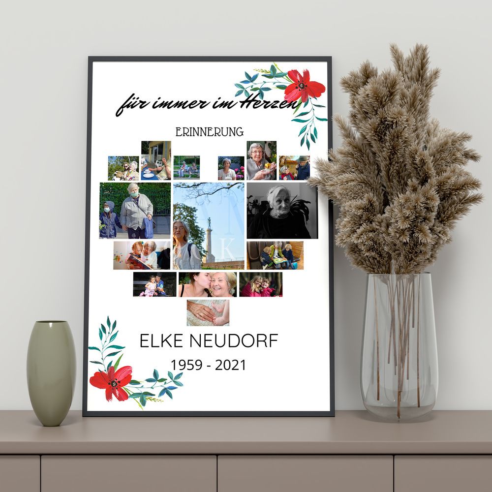 Trauercollage mit Fotoherz und roten Blumen im schwarzen Rahmen auf einer Kommode neben einer Vase mit Trockenblumen