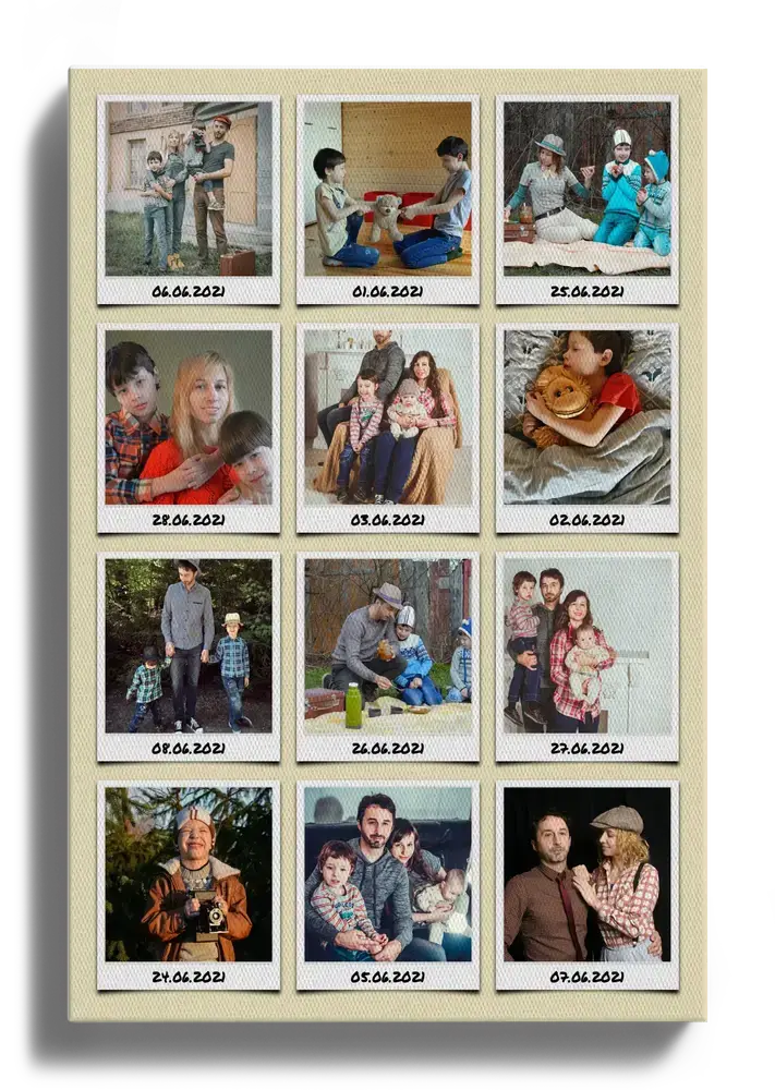 Pêle-mêle sur toile avec 12 photos de vacances façon instantanés et leurs dates sur fond beige