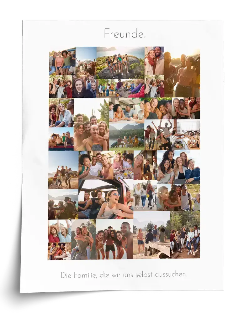 Fotocollage als Poster im Hochformat mit weissem Rand und Freundschaftsspruch, ein persönliches Geschenk für Freunde