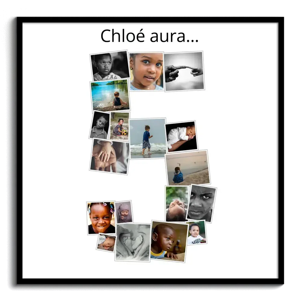 Pêle-mêle photo en forme de 5 pour un anniversaire d’enfant, avec texte personnalisé sur fond blanc et cadre noir
