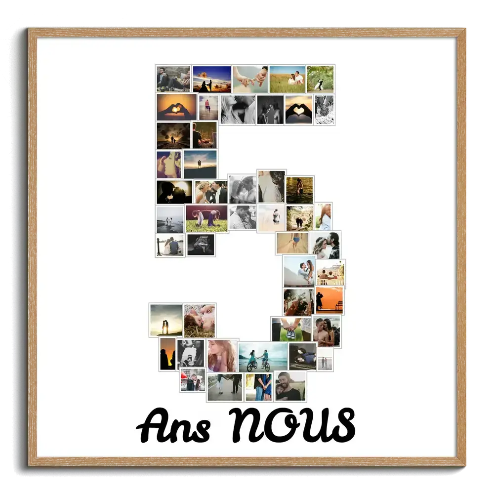 Pêle-mêle photo en forme de 5 pour un anniversaire de couple, avec texte personnalisé et cadre en bois naturel