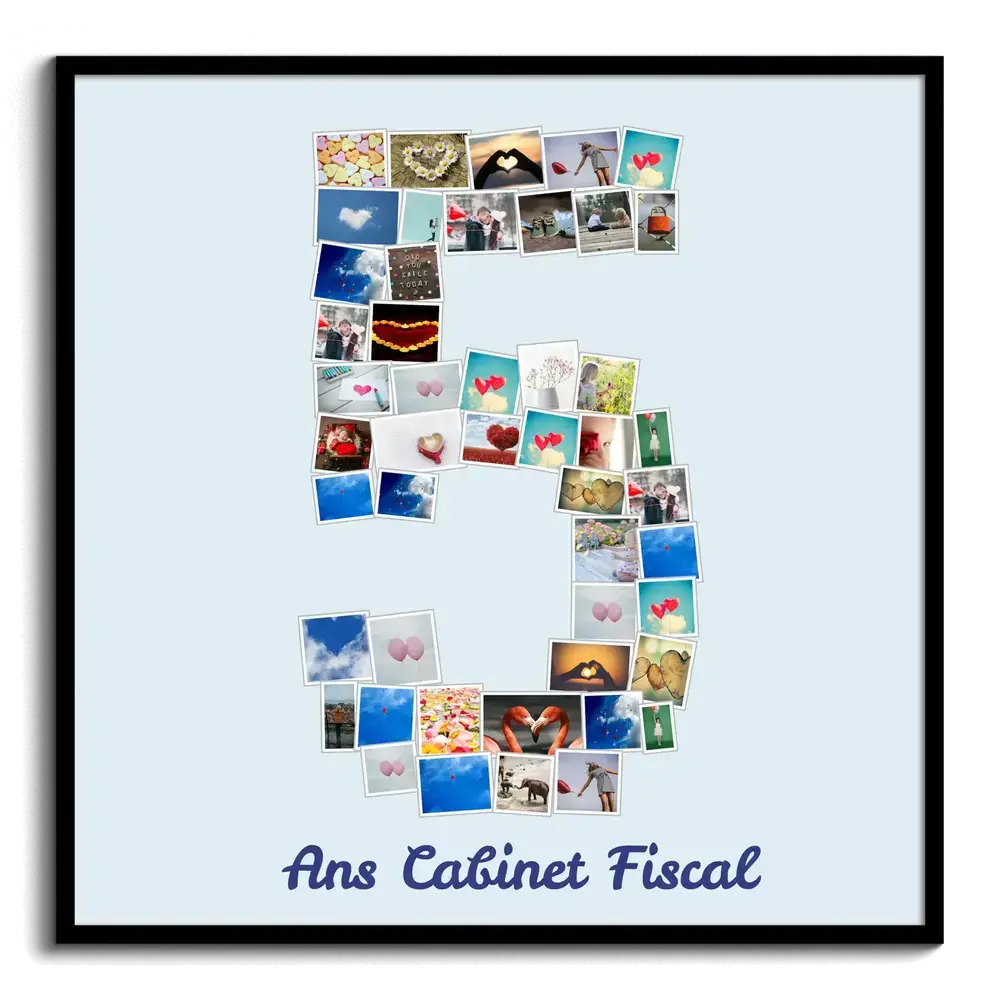 Collage photo chiffre 5 pour un anniversaire d’entreprise, sur fond bleu pâle dans un cadre noir
