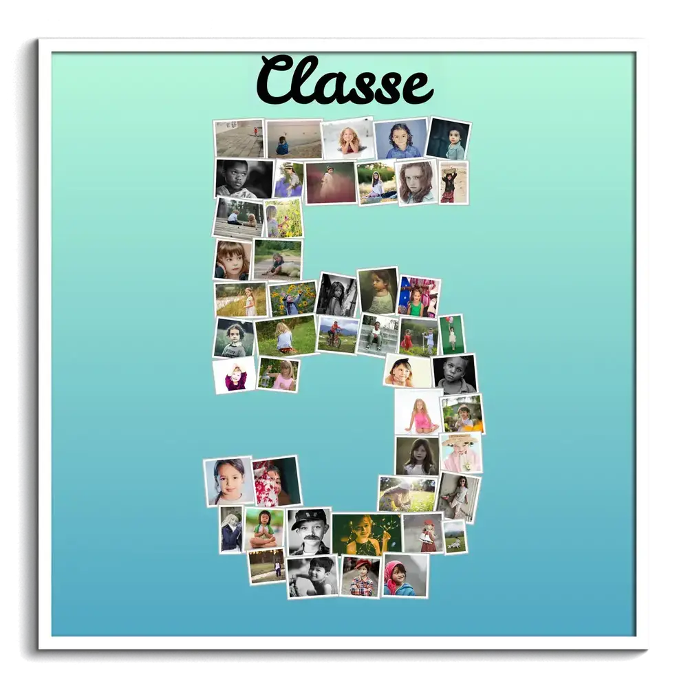 Collage fotografico a forma di numero 5 con scritta personalizzata, su fondo turchese sfumato e in cornice bianca