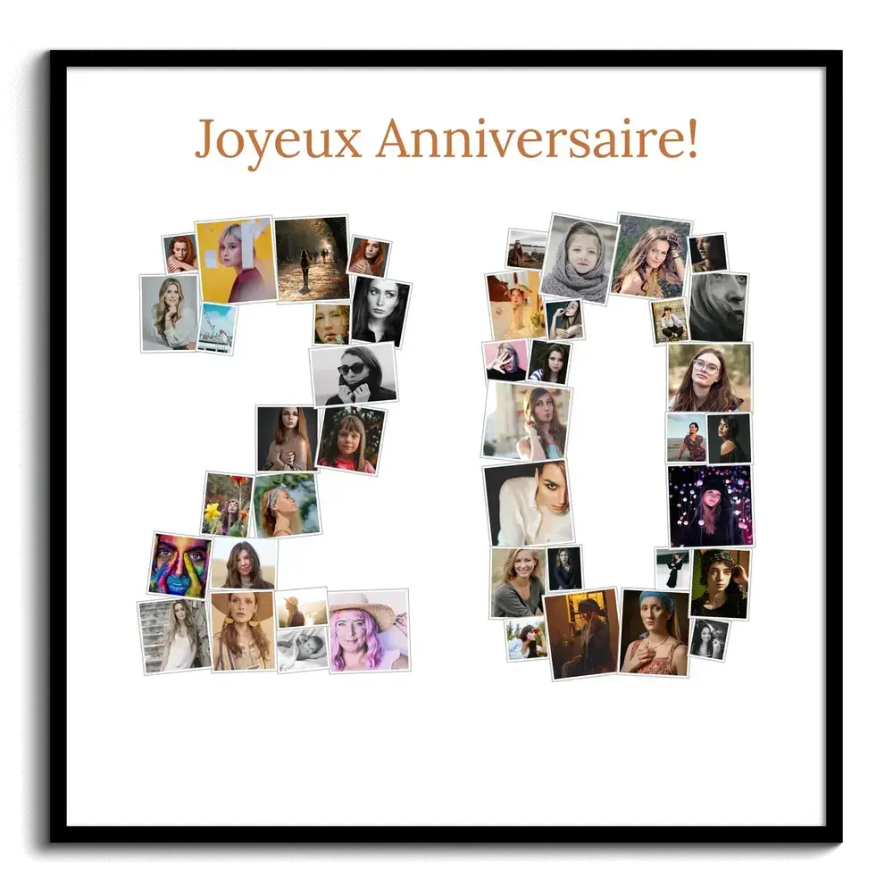 Pêle-mêle photo en forme de 20 pour un anniversaire, sur fond blanc avec un message, dans un cadre noir