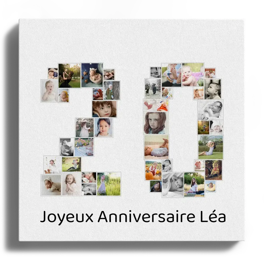 Collage photo en forme de 20 sur toile blanche, avec un message personnalisé pour un 20e anniversaire