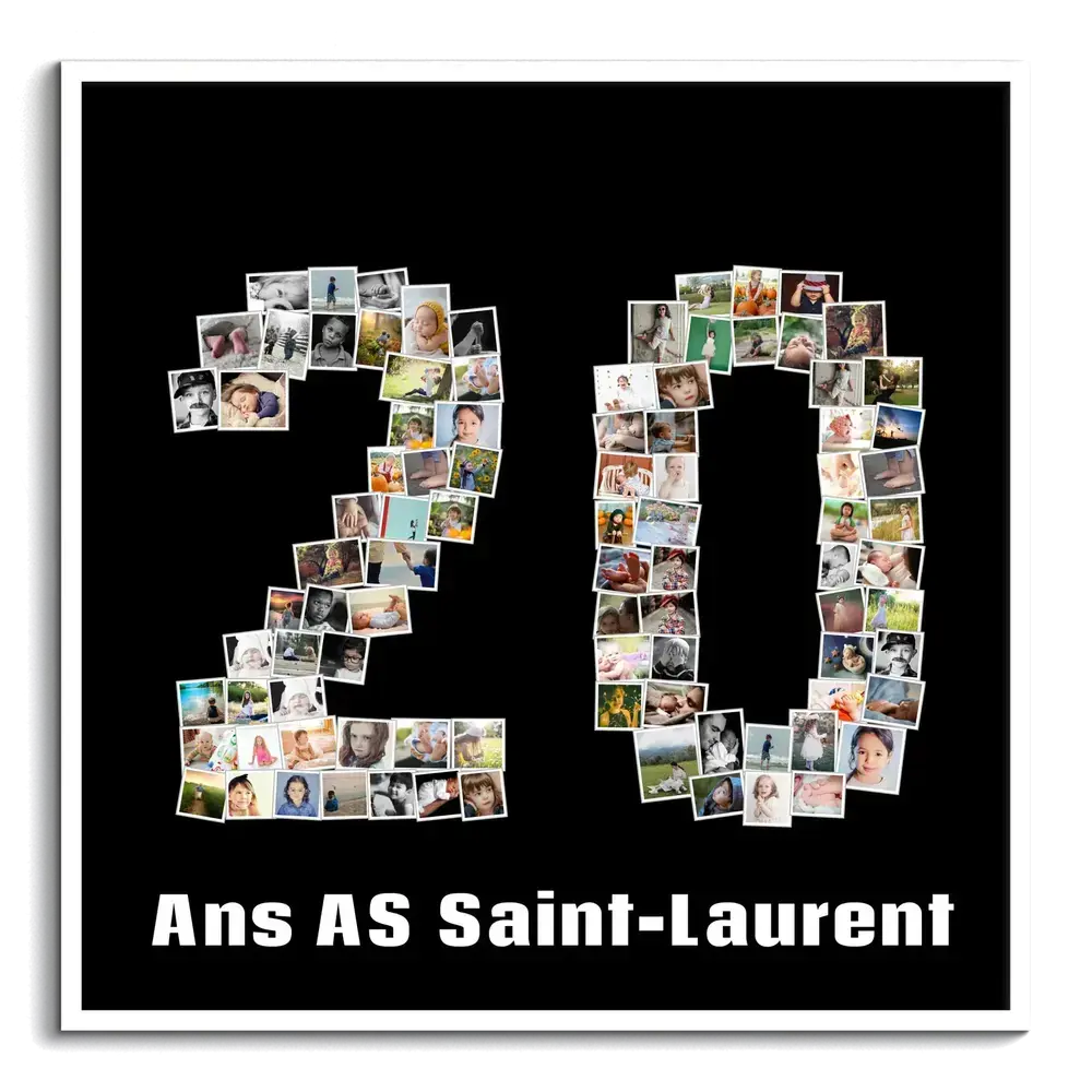 Collage photo en forme de 20 sur fond noir, dans un cadre blanc, avec texte personnalisé