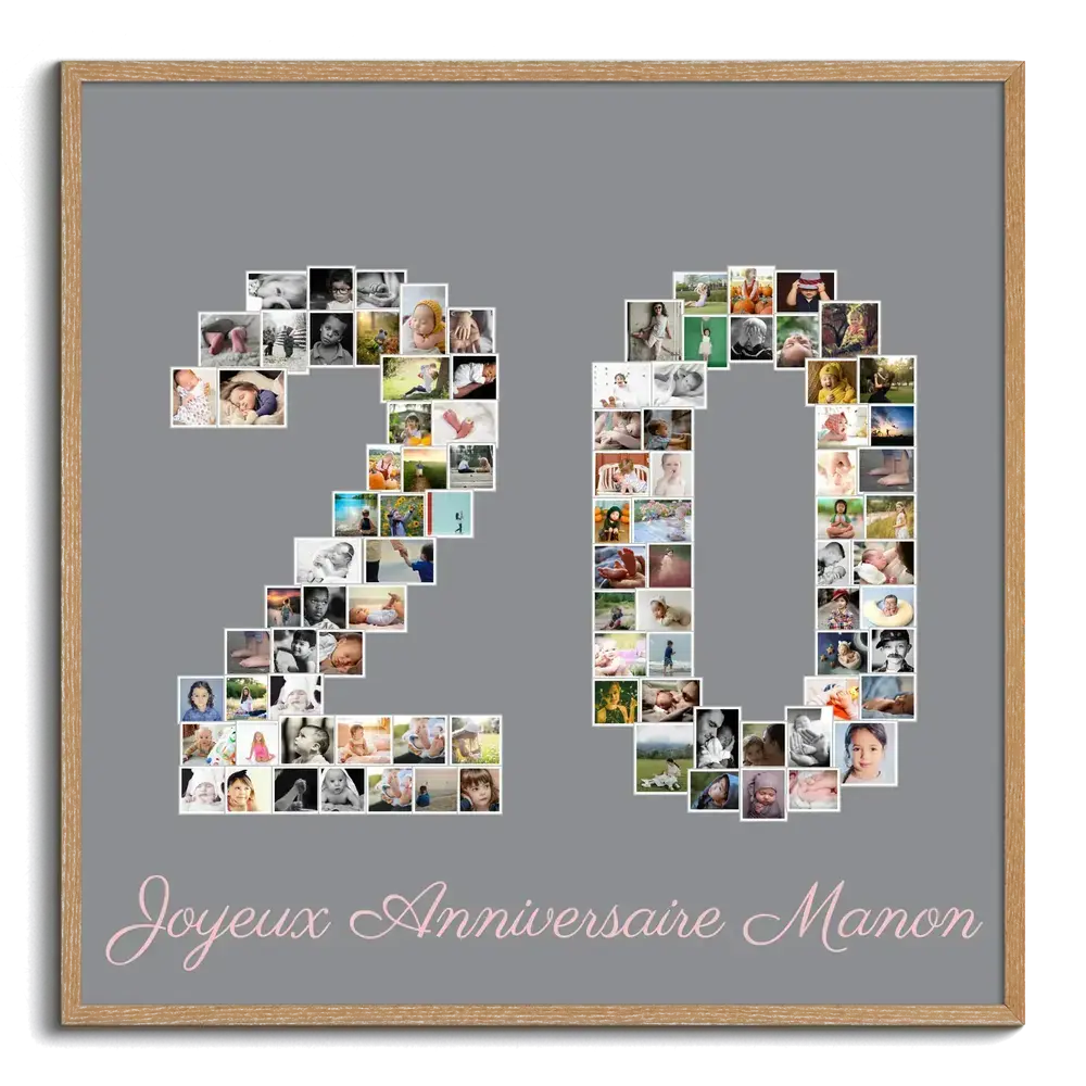 Collage photo 20 ans sur fond gris, encadré en bois naturel, avec un message d’anniversaire rose