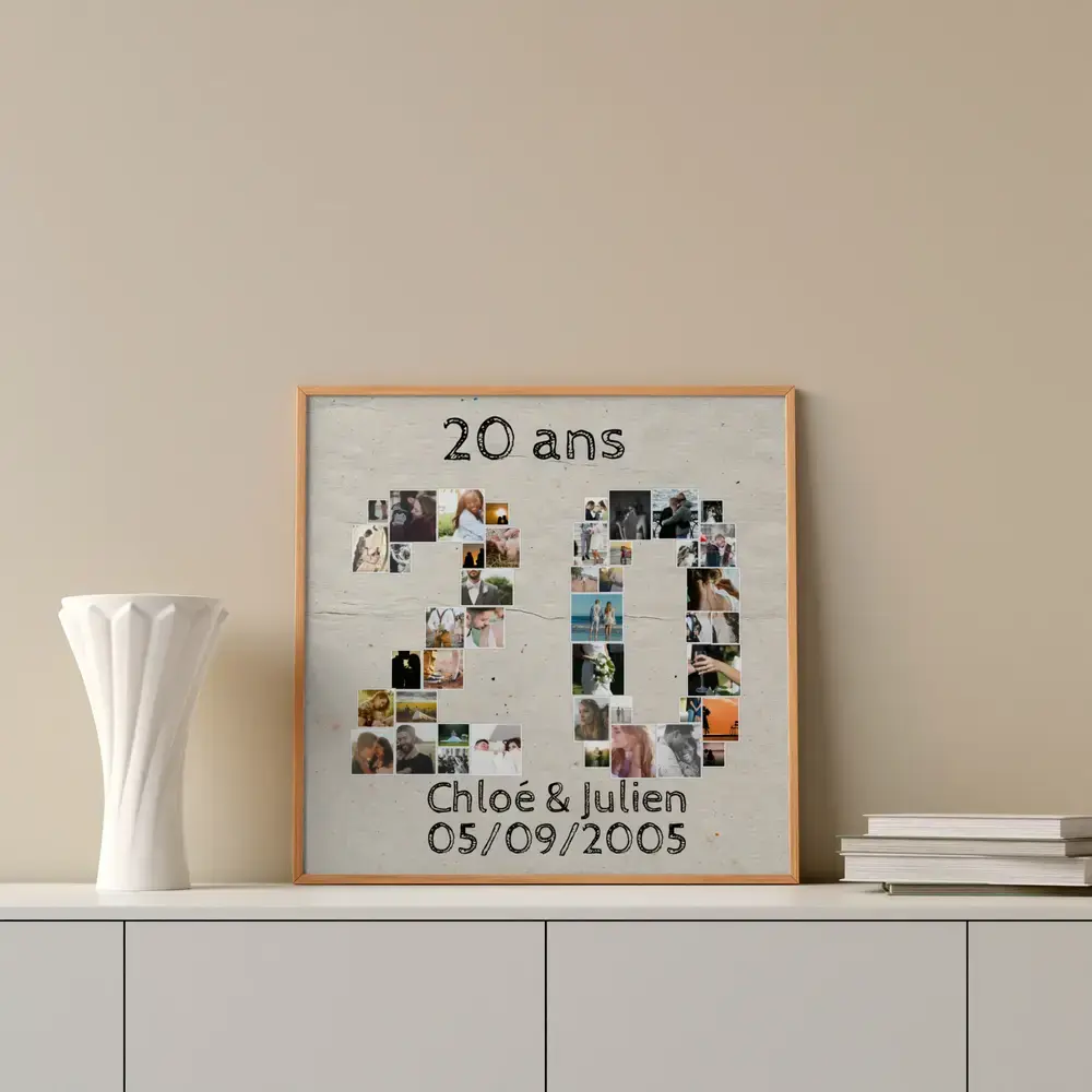 Tableau photo personnalisé en forme de 20 pour un anniversaire de mariage, en cadre bois sur un buffet blanc