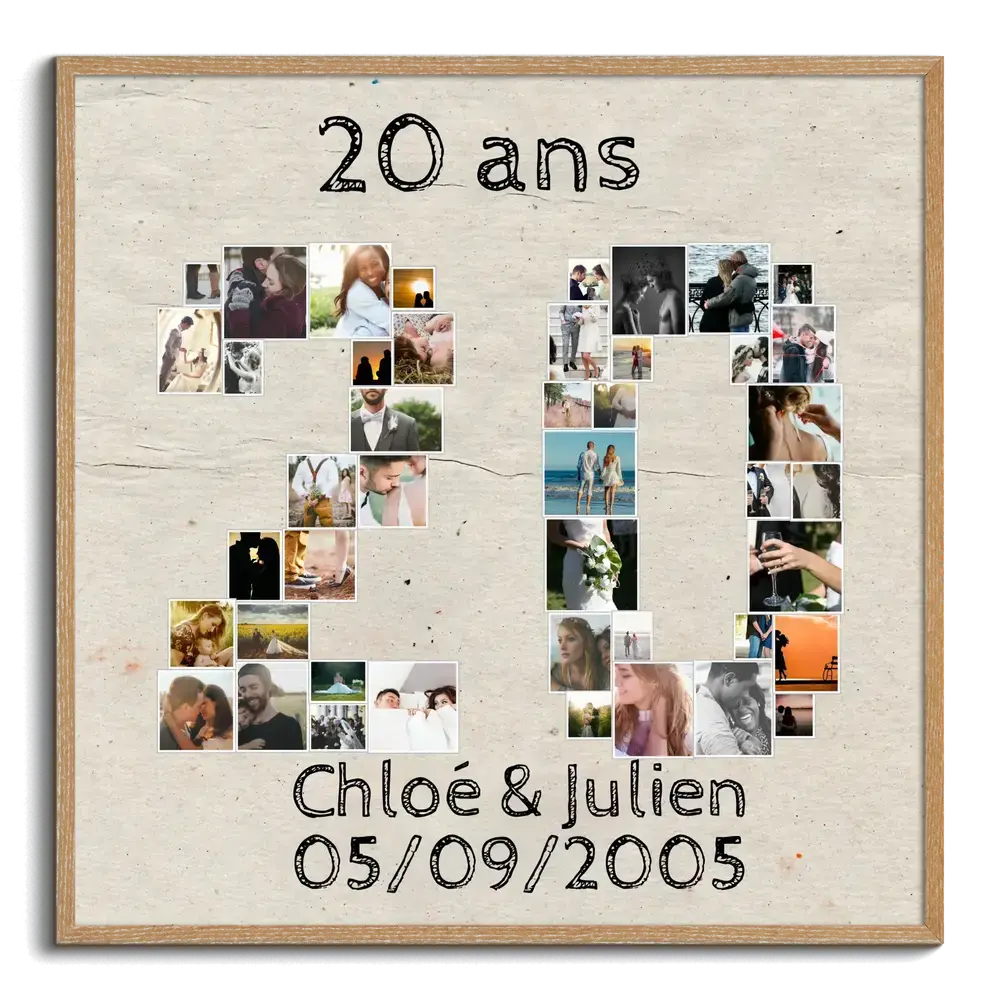 Pêle-mêle photo en forme de 20 pour un anniversaire de mariage, avec prénoms et date, encadré en bois
