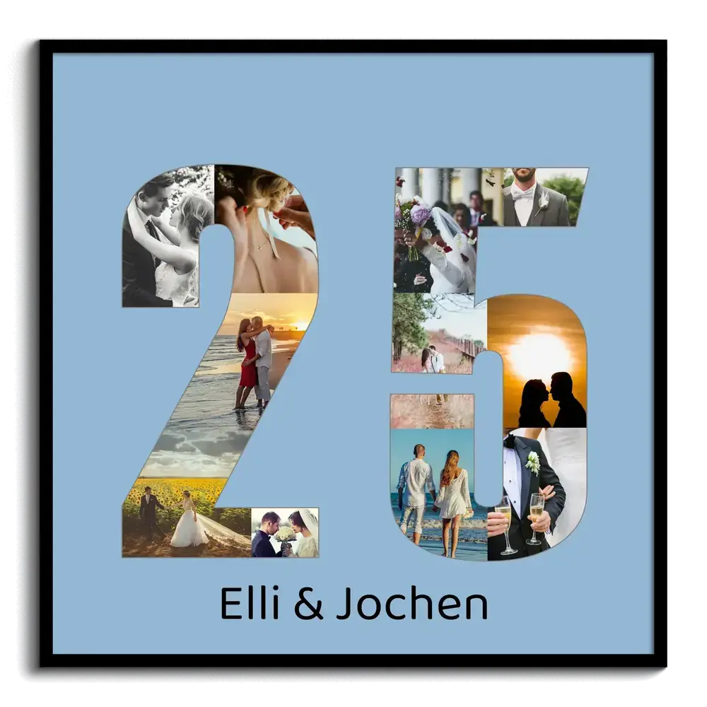Fotocollage als Zahl 25 auf Hellblau im schwarzen Rahmen, eine Geschenkidee zur Silberhochzeit
