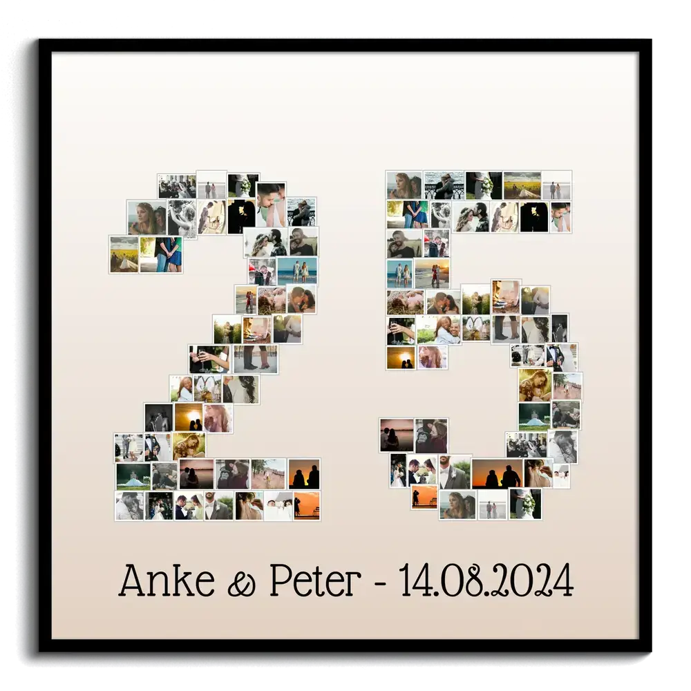 Zahlencollage 25 aus vielen kleinen Fotos auf hellem Grund, mit Namen und Datum im schwarzen Rahmen