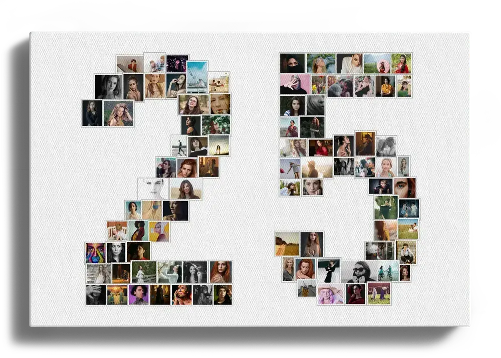 Fotocollage als Zahl 25 auf weisser Leinwand, ein persönliches Geschenk zur Silberhochzeit
