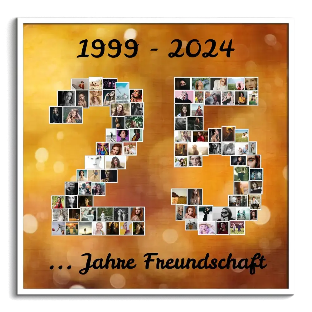 Fotocollage in Form der Zahl 25 auf goldenem Hintergrund, mit Jubiläumstext im weissen Rahmen