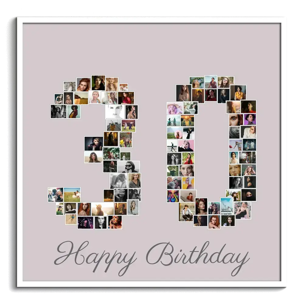 Pêle-mêle photo pour un anniversaire de 30 ans, nombre en photos et message sur fond rose, dans un cadre blanc