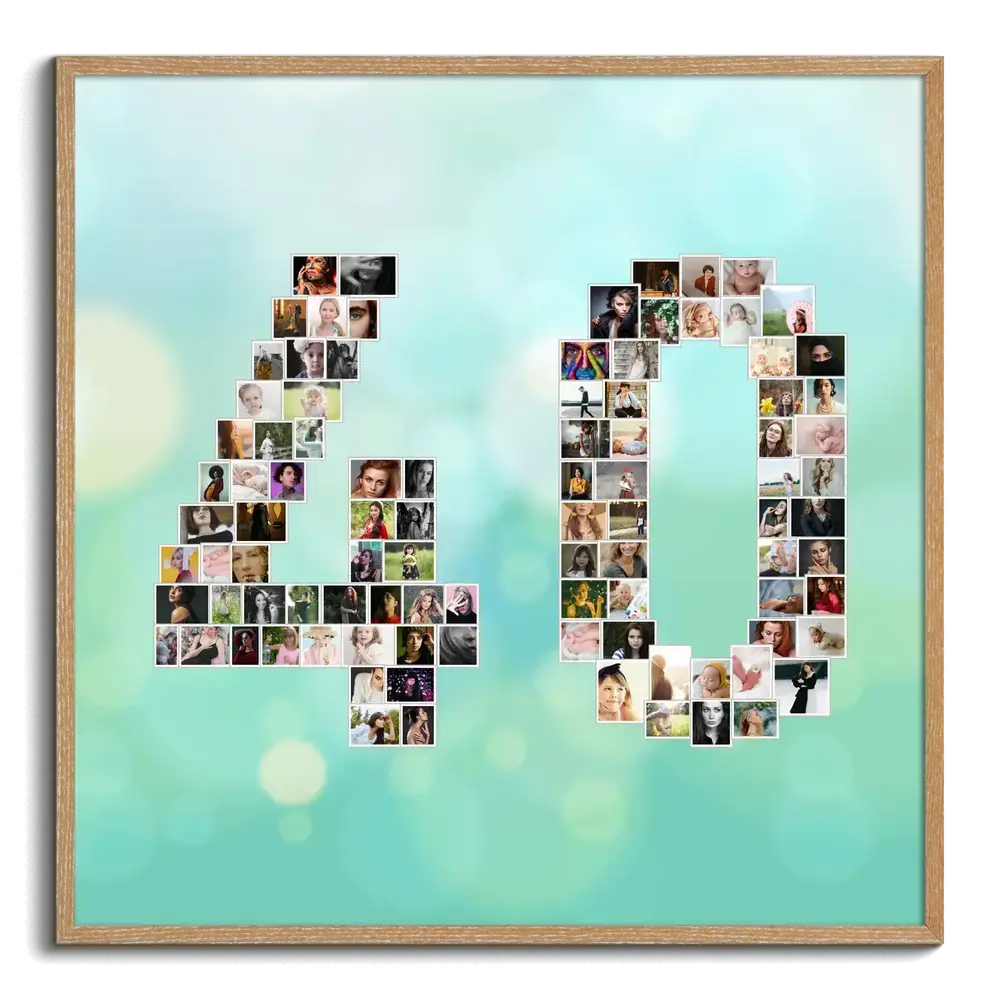 Collage di foto a forma di 40 per il compleanno, su sfondo turchese con cornice in legno naturale