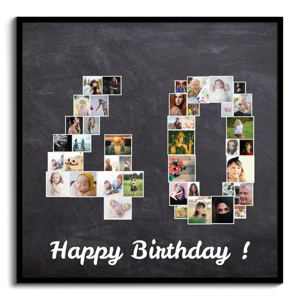 Collage di foto a forma di 40 con auguri di compleanno, su sfondo scuro in una cornice nera