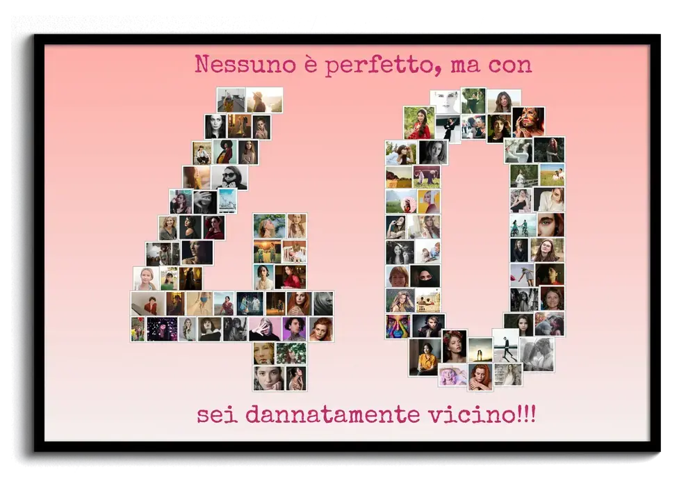 Collage fotografico a forma di 40 con sfondo rosa e dedica spiritosa, in cornice nera per il quarantesimo compleanno