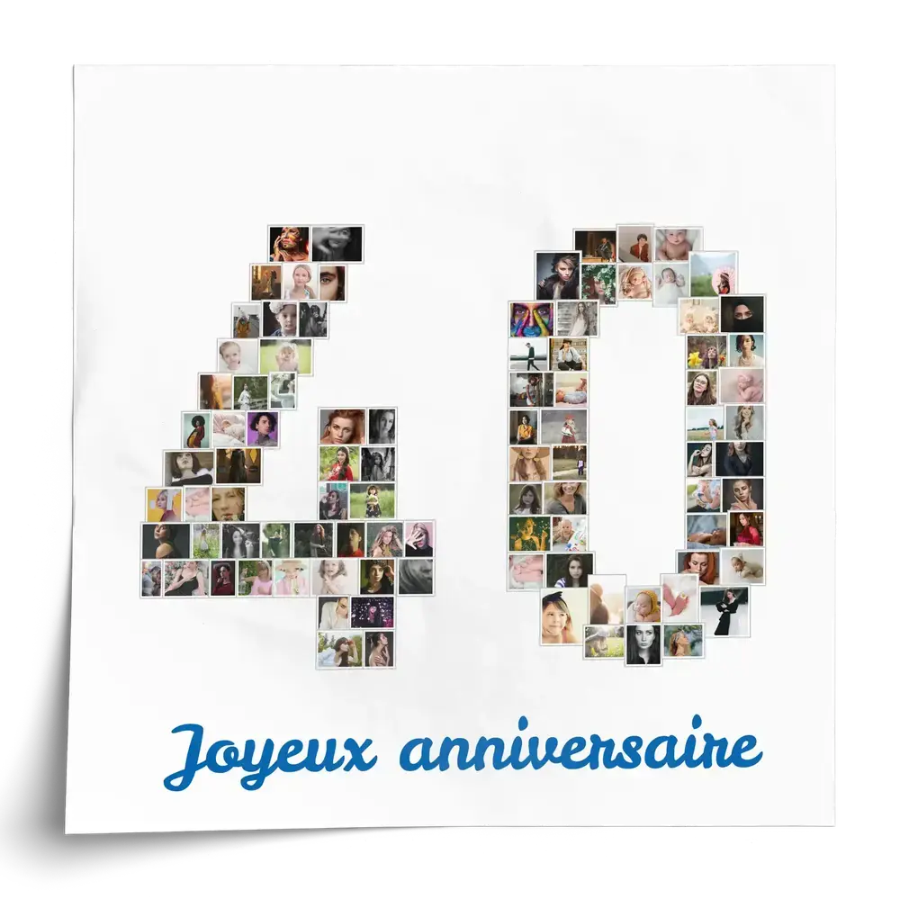 Poster de collage photo formant le nombre 40 sur fond blanc, avec un message d’anniversaire en bleu