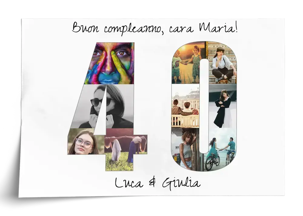 Poster con collage di foto a forma di 40 su fondo bianco e dedica personalizzata per il quarantesimo compleanno