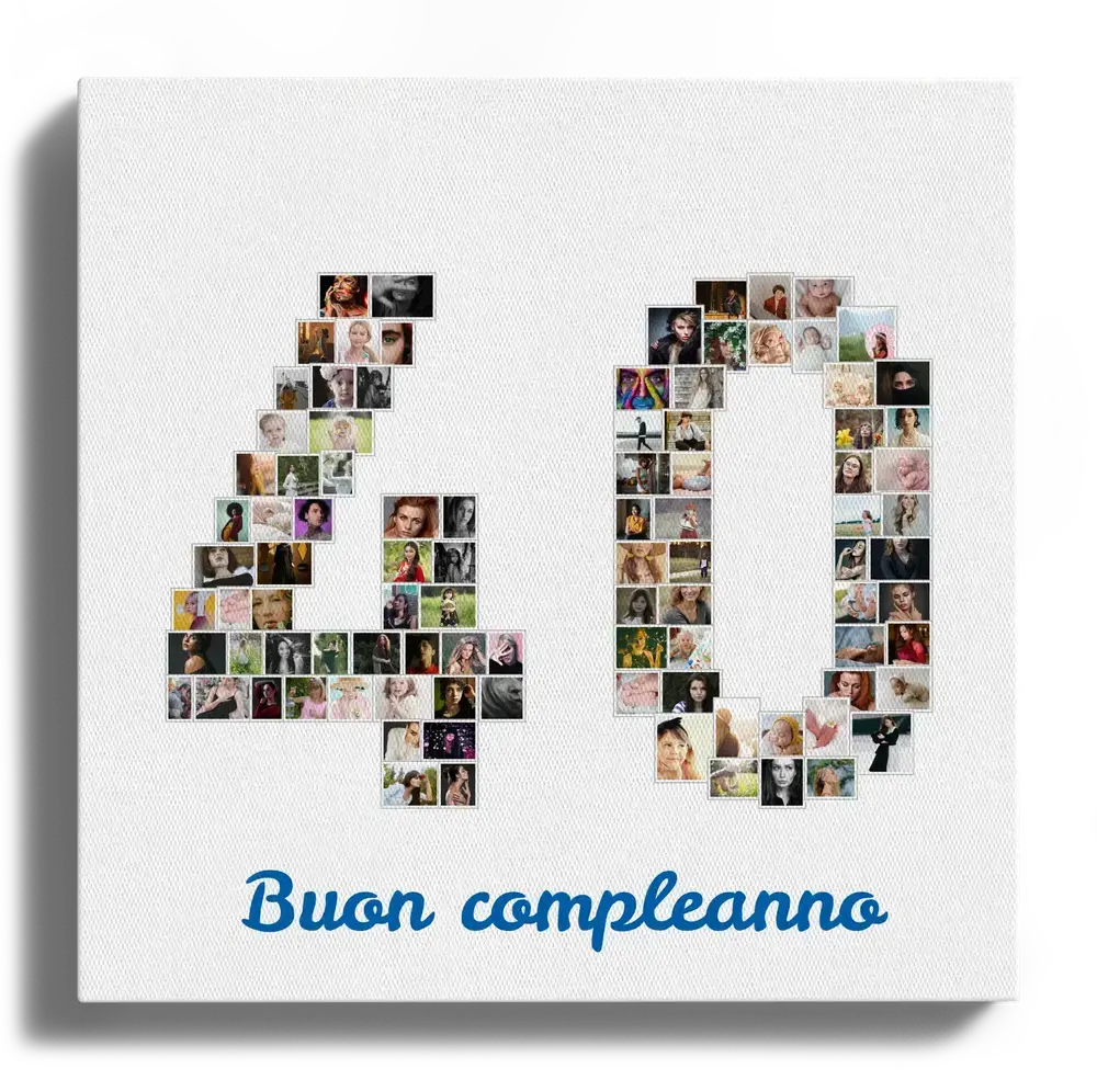 Collage di tante foto a forma di 40 su tela quadrata, con fondo bianco e auguri di compleanno in blu