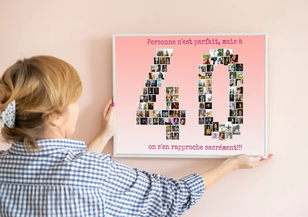 Tableau de collage photo pour les 40 ans, sur fond rose avec texte personnalisé, présenté contre un mur clair