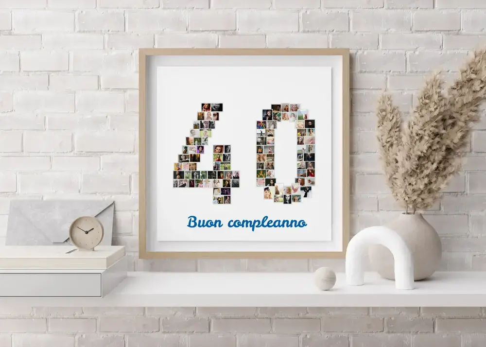 Collage di foto a forma di 40 con auguri di compleanno, in cornice di legno chiaro sopra una credenza bianca