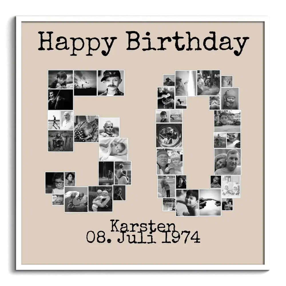 Fotocollage Zahl 50 aus Schwarz-Weiss-Fotos auf Beige im weissen Rahmen, als personalisiertes Geschenk zum 50. Geburtstag