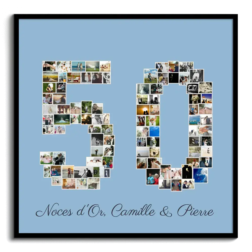 Collage photo en forme de 50 sur fond bleu avec prénoms, dans un cadre noir, cadeau pour des noces d’or