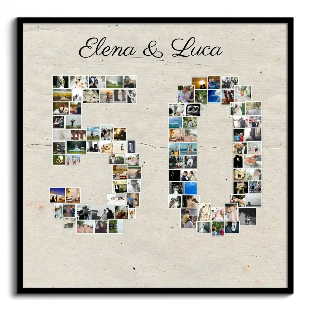 Collage di foto a forma di 50 con nomi e cornice nera, regalo personalizzato per le nozze d’oro