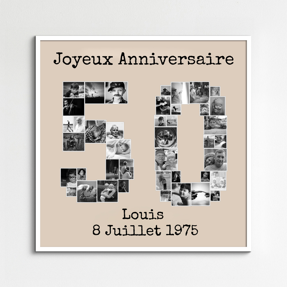 Collage photo en forme de 50, clichés noir et blanc et cadre blanc, cadeau personnalisé pour un 50e anniversaire