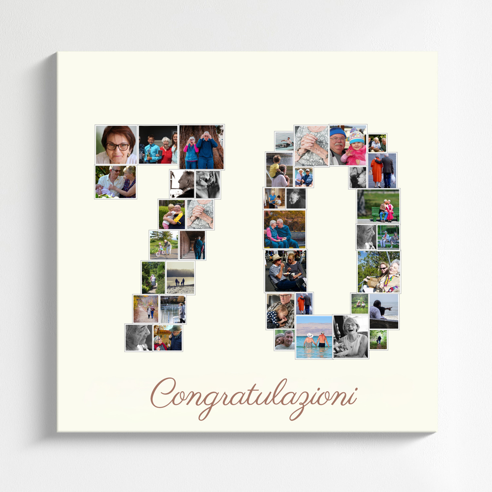 Collage di foto a forma di 70 su tela con fondo crema e auguri, per un 70° compleanno