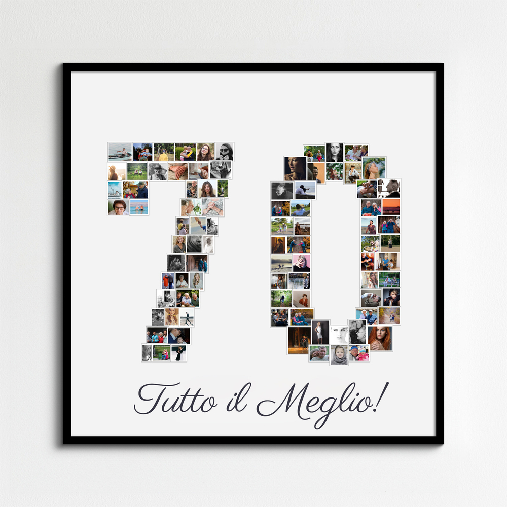 Collage di foto a forma di 70 con dedica e cornice nera, regalo personalizzato per il 70° compleanno