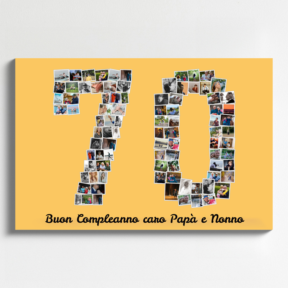 Collage di foto a forma di 70 su tela gialla con dedica di compleanno, appeso alla parete