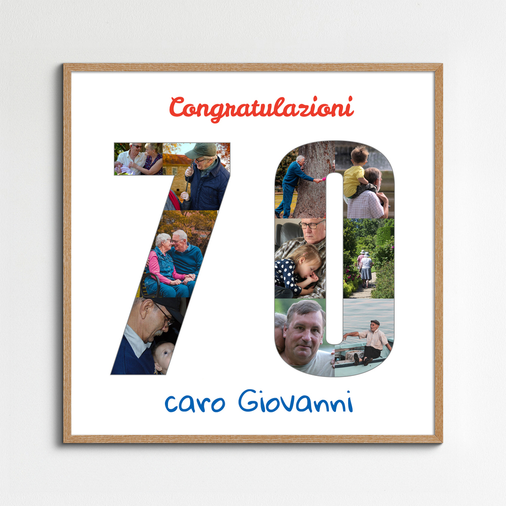 Collage fotografico a forma di 70 con nome e auguri, in cornice di legno naturale per il 70° compleanno
